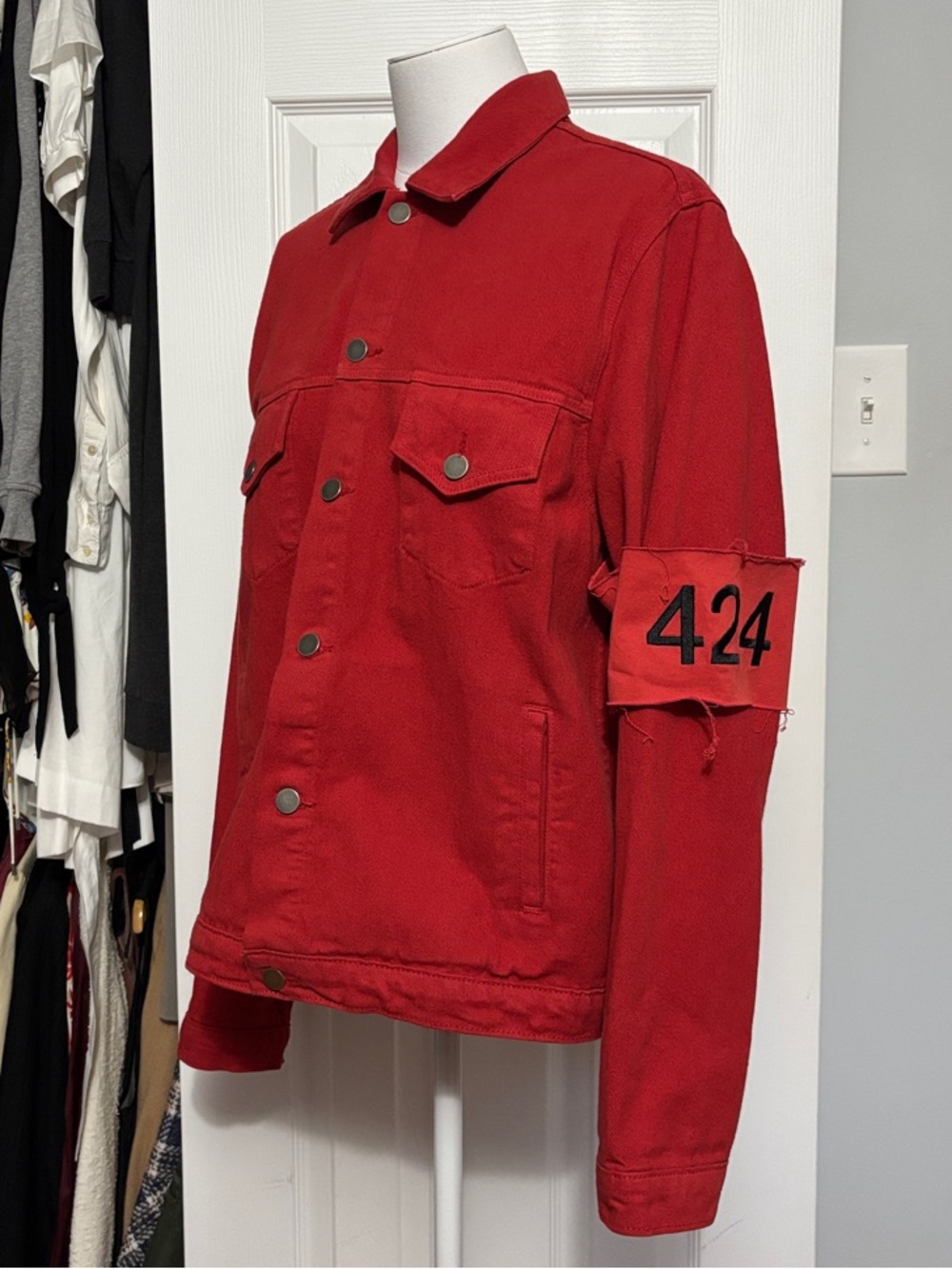 424 on Fairfax Red Cotton Denim Button Front Jacket with Zipper Sleeve 2016